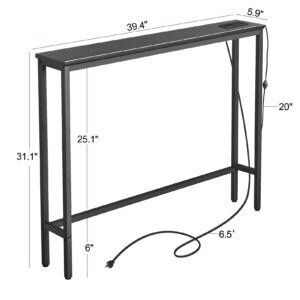 ELYKEN 5.9" Narrow Console Sofa Table with 7 Colors LED Light Strip, 5.9" Dx39.4”Wx31.1”H Long Behind Couch Table with Power Outlet&USB Port, Skinny Table Metal Frame 6.5’ Power Cord