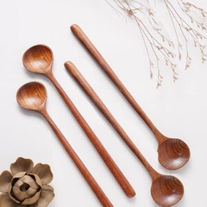 Wooden Soup Spoon, 4PCS Wooden Long Spoons Korean Style Natural Wood Long Handle Round Spoons Long Soup Spoons for Soup Cooking Mixing Stirrer Kitchen Tools