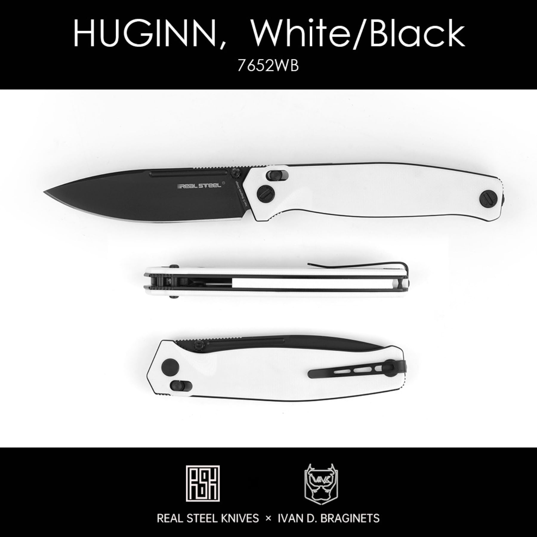 Real Steel Huginn Crossbar Lock Folding Knife - VG-10 Blade and White G10 Handle - Perfect for Daily Cutting Tasks - EDC Knife for Men Women (White/Black)