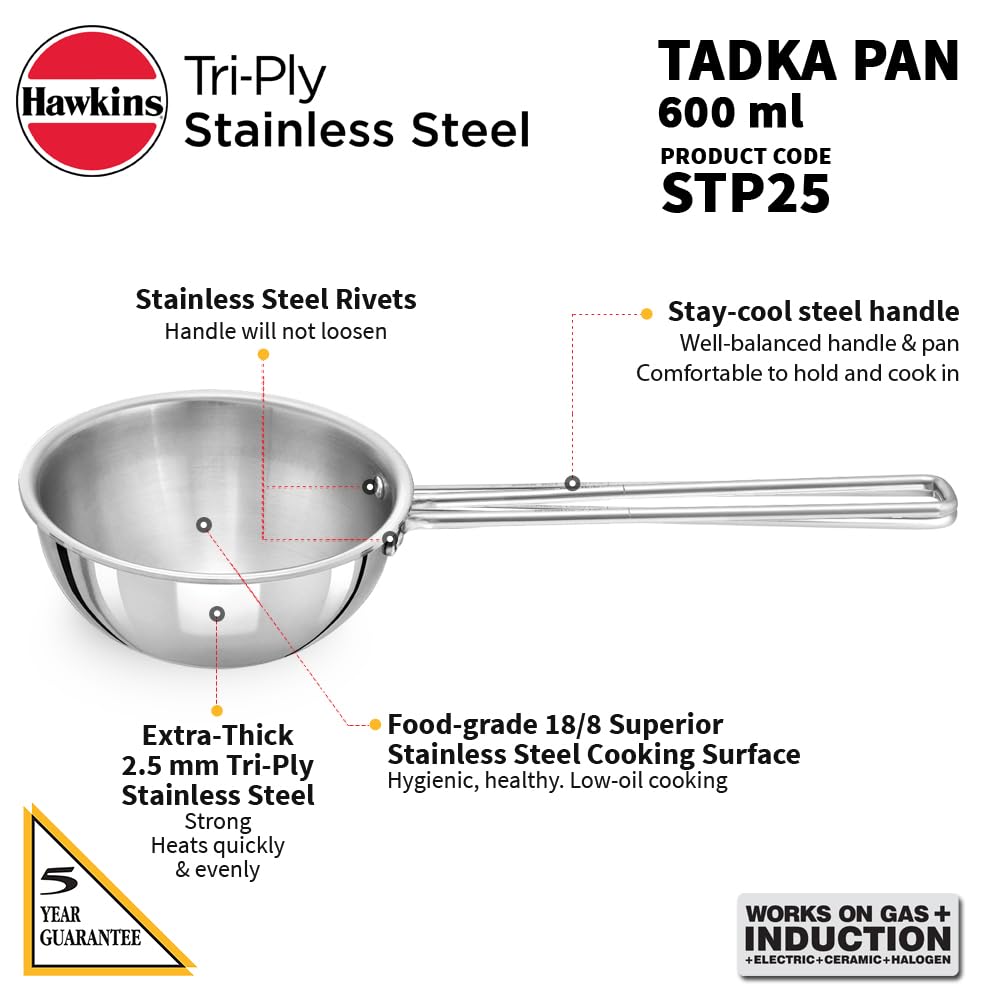 HAWKINS 2.5 Cup Tadka Pan, 600ml Triply Stainless Steel Pan, Silver (STP25)