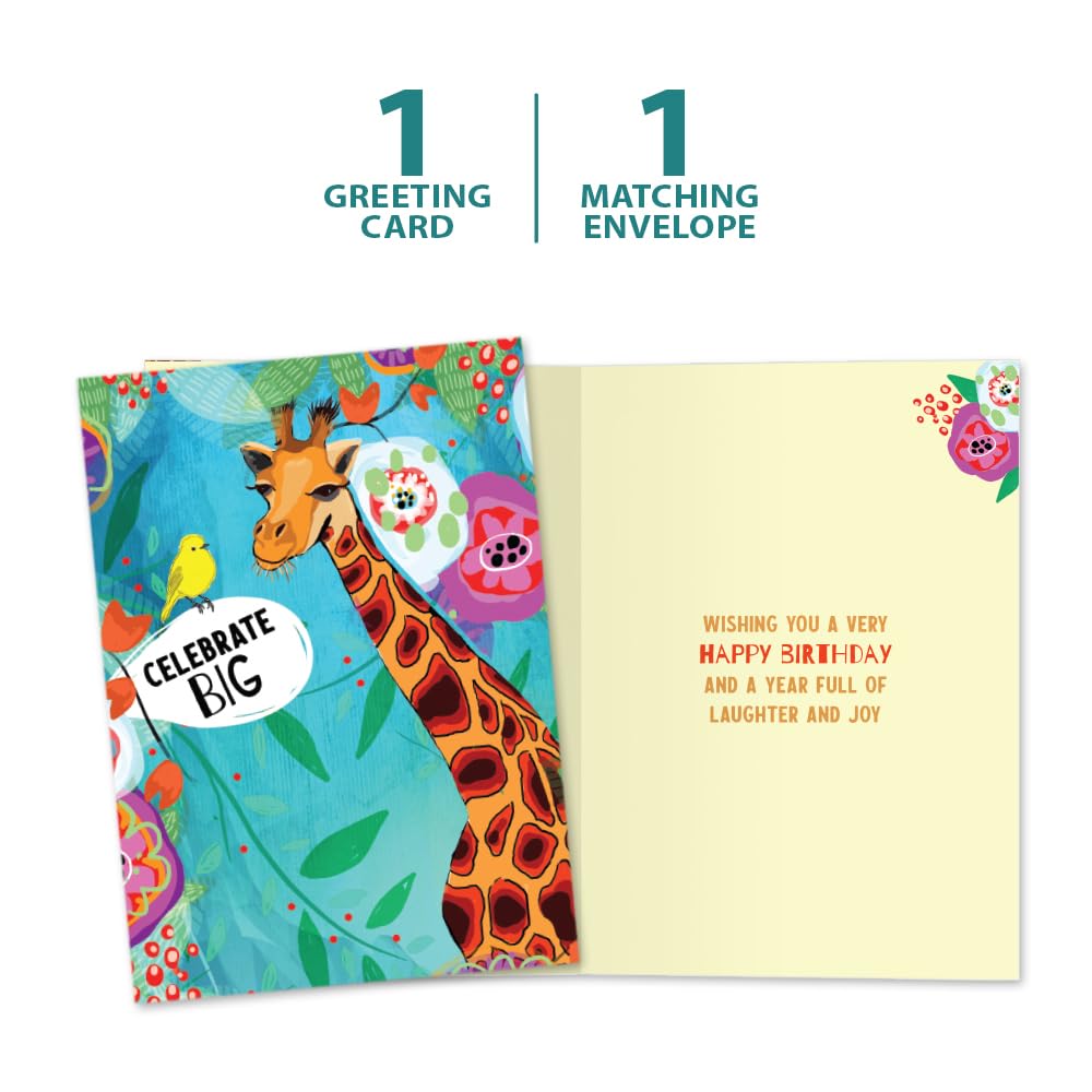 Tree-Free Greetings - Humorous Birthday Cards - Artful Designs - 1 Card + Matching Envelopes - Made in USA - 100% Recycled Paper - 5"x7" - Hello Giraffe (GO65258)