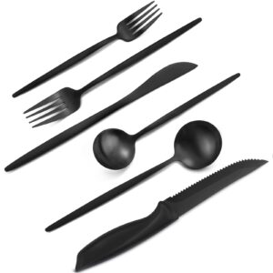 vanvro 24 pieces matte black silverware set with steak knives, satin finish tableware cutlery set, home and restaurant, service for 4, dishwasher safe