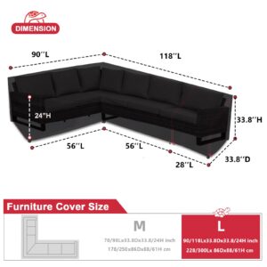 Turtle Life Patio Sectional Sofa Cover, Outdoor Heavy Duty Durable UV Water Resistant Anti-Fading L-Shaped Couch Cover, Black, L-Shaped 90in +118in(Right)