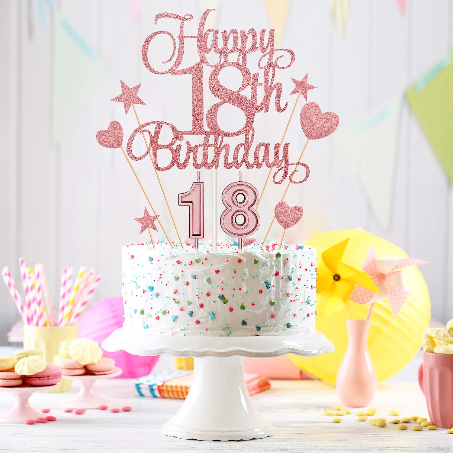 18th Birthday Cake Decorations Set Include 18th Birthday Candles Numeral 18 Cake Candles and Happy 18th Birthday Cake Toppers with Heart Star Cupcake Picks for Birthday Party (Rose Gold Series)