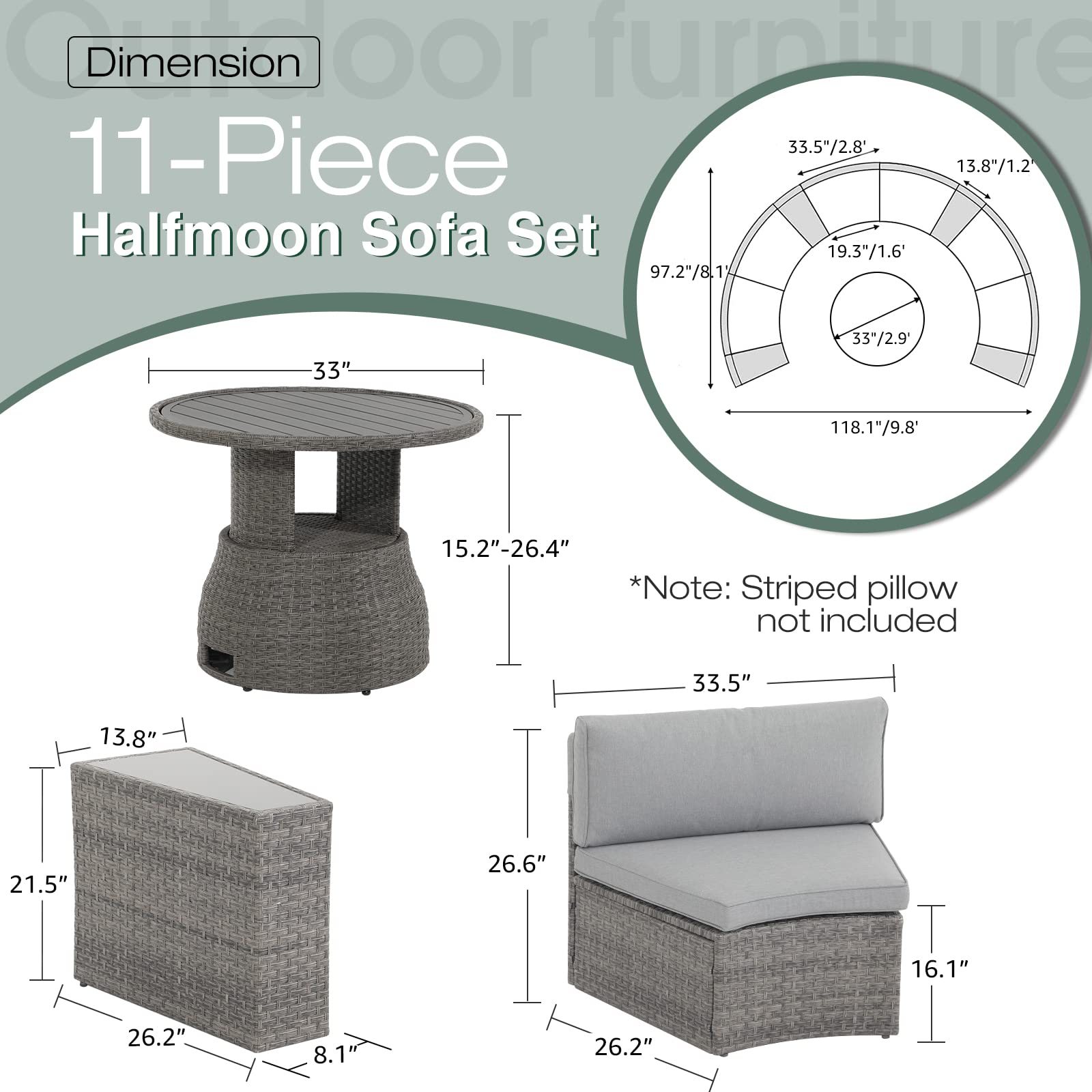 SUNSITT Outdoor Patio Furniture 11-Piece Half-Moon Sectional Round Patio Furniture Set Curved Outdoor Sofa with Aluminum Lift Top Round Coffee Table, Grey Rattan, Grey Cushions