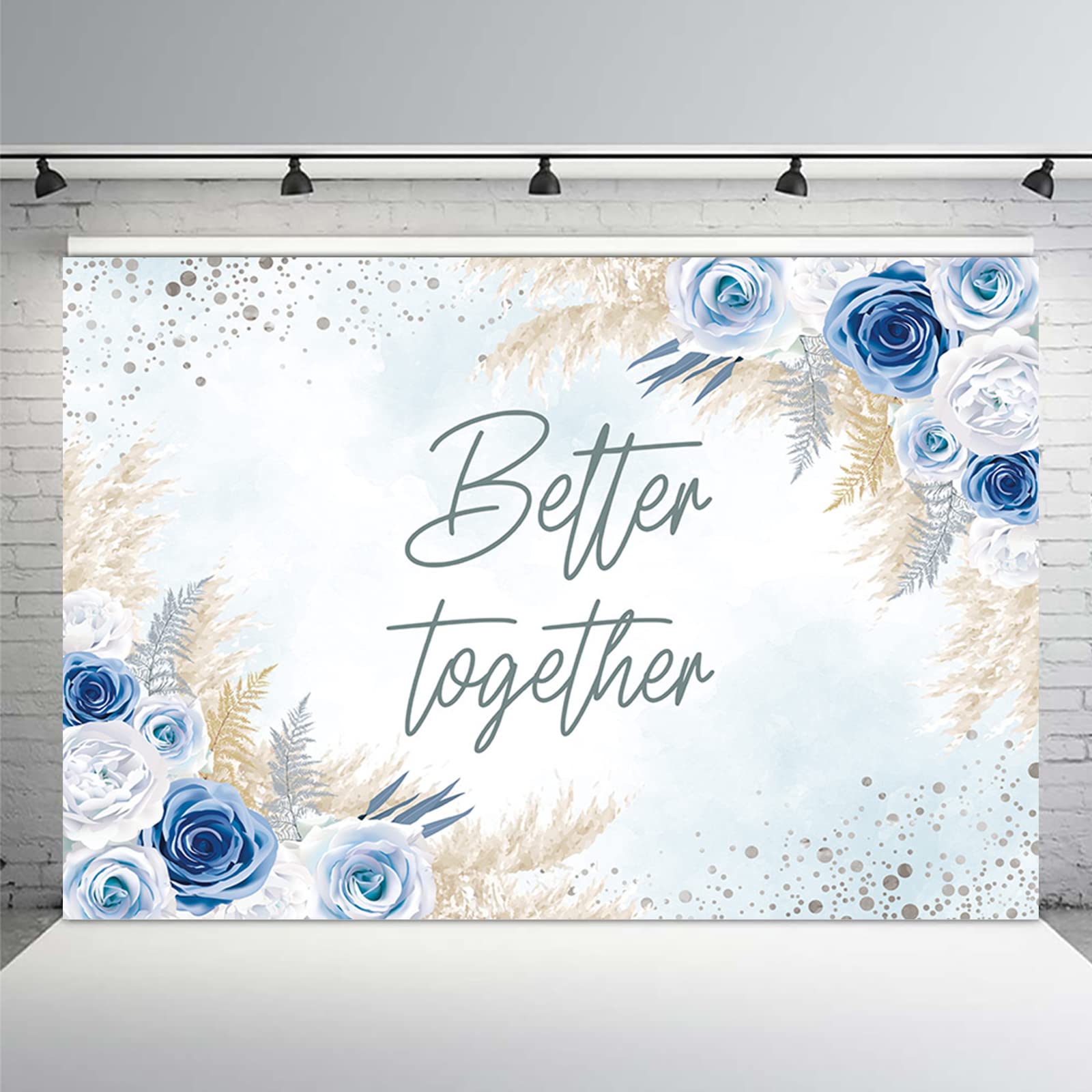 MEHOFOND 7x5ft Better Together Backdrop Boho Bridal Shower Wedding Party Decorations Banner Bohemia Blue White Floral Pampas Grass Photography Background Cake Table Supplies Photo Shoot Props