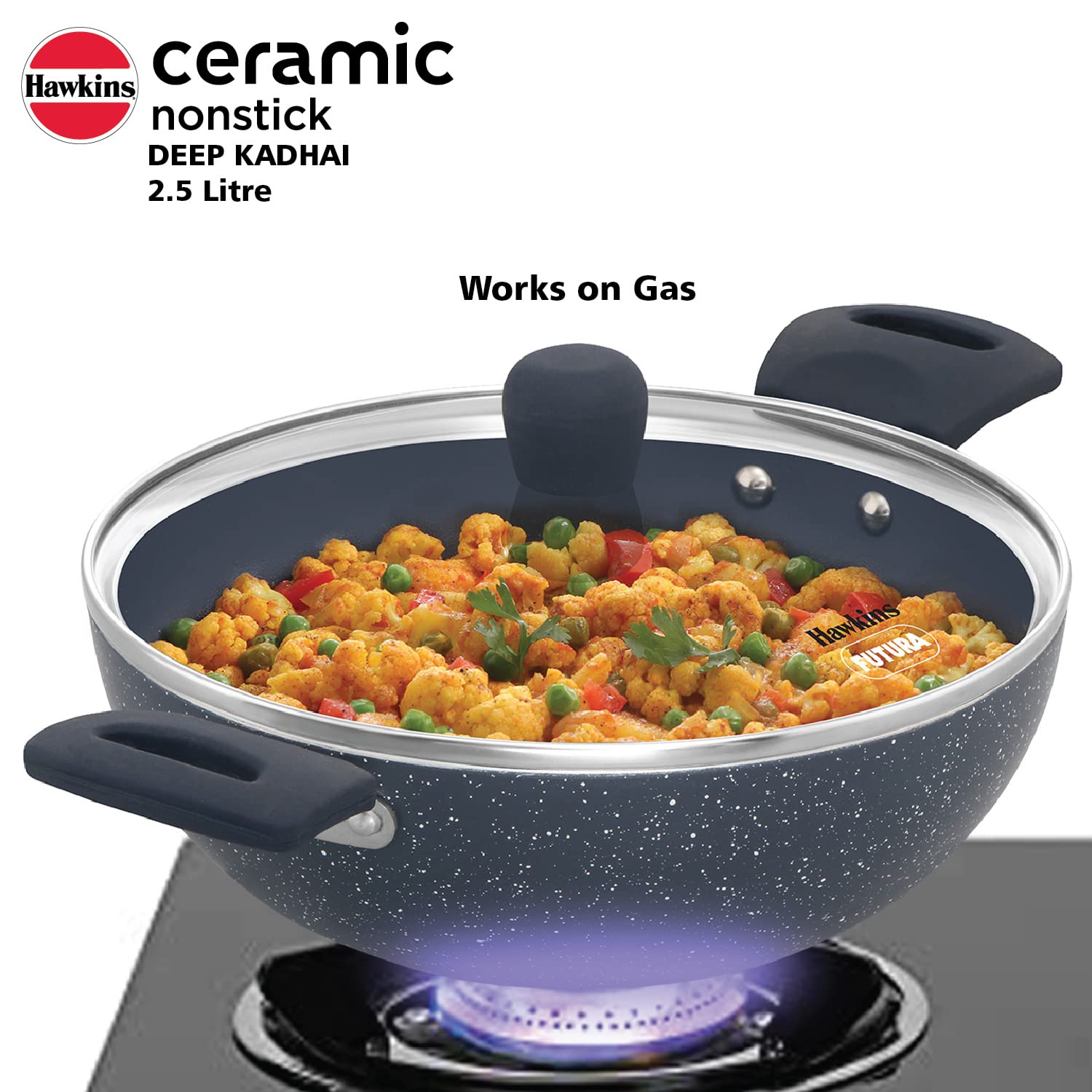 HAWKINS Ceramic Nonstick 2.5 Litre Deep Kadhai, Induction Deep Fry Pan with Glass Lid, Granite Kadai (ICK25G)