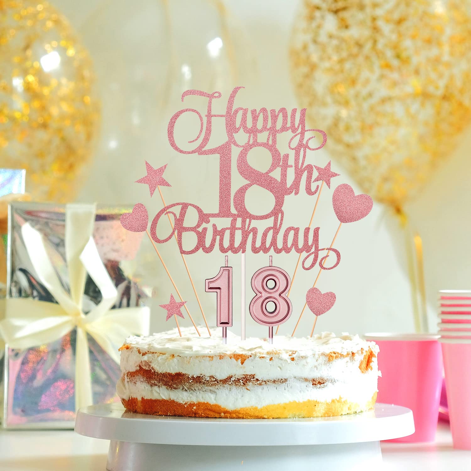 18th Birthday Cake Decorations Set Include 18th Birthday Candles Numeral 18 Cake Candles and Happy 18th Birthday Cake Toppers with Heart Star Cupcake Picks for Birthday Party (Rose Gold Series)