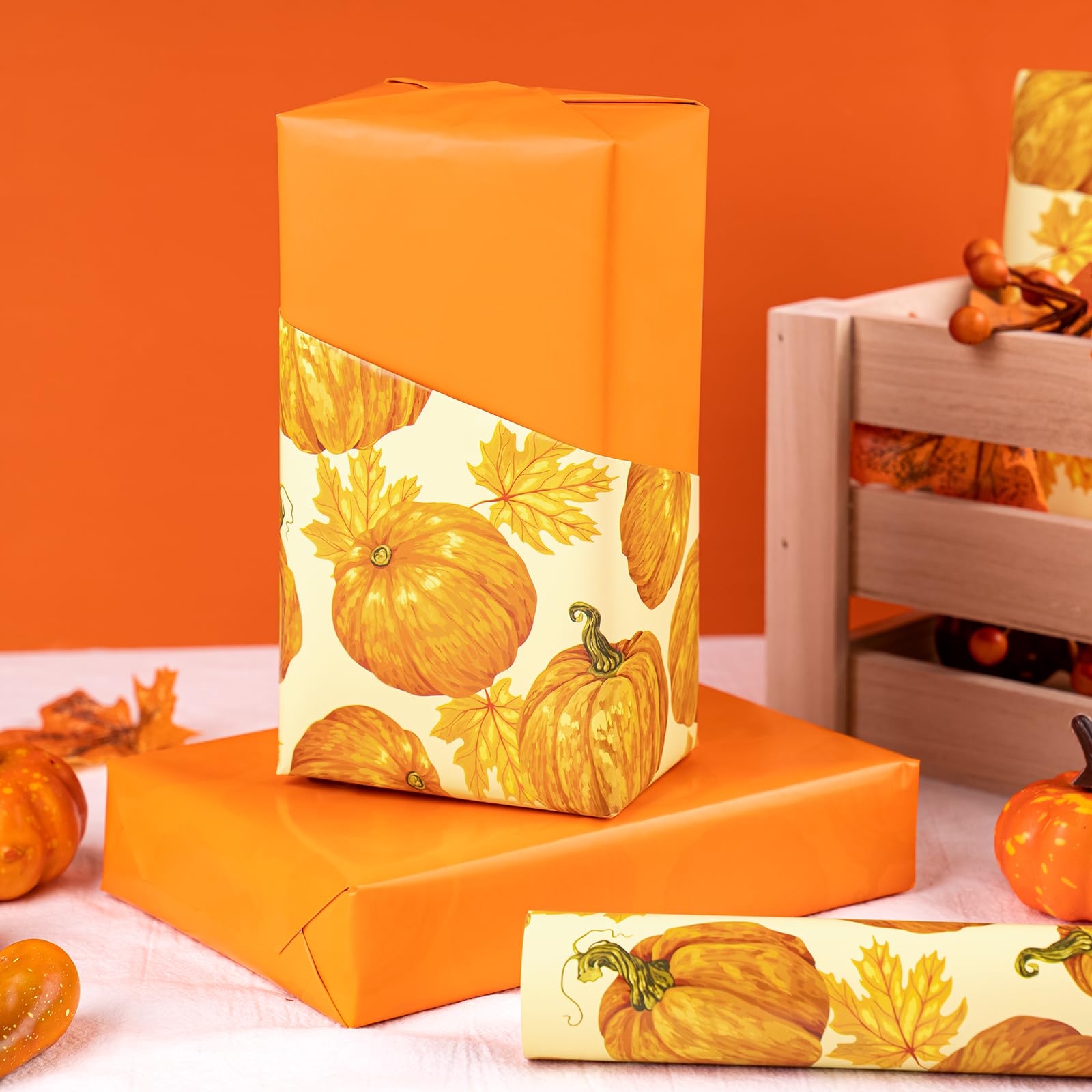 WRAPAHOLIC Reversible Autumn Wrapping Paper - Mini Roll - 17 Inch X 33 Feet - Pumpkin and Maple Leaves Print Design for Birthday, Holiday, Baby Shower