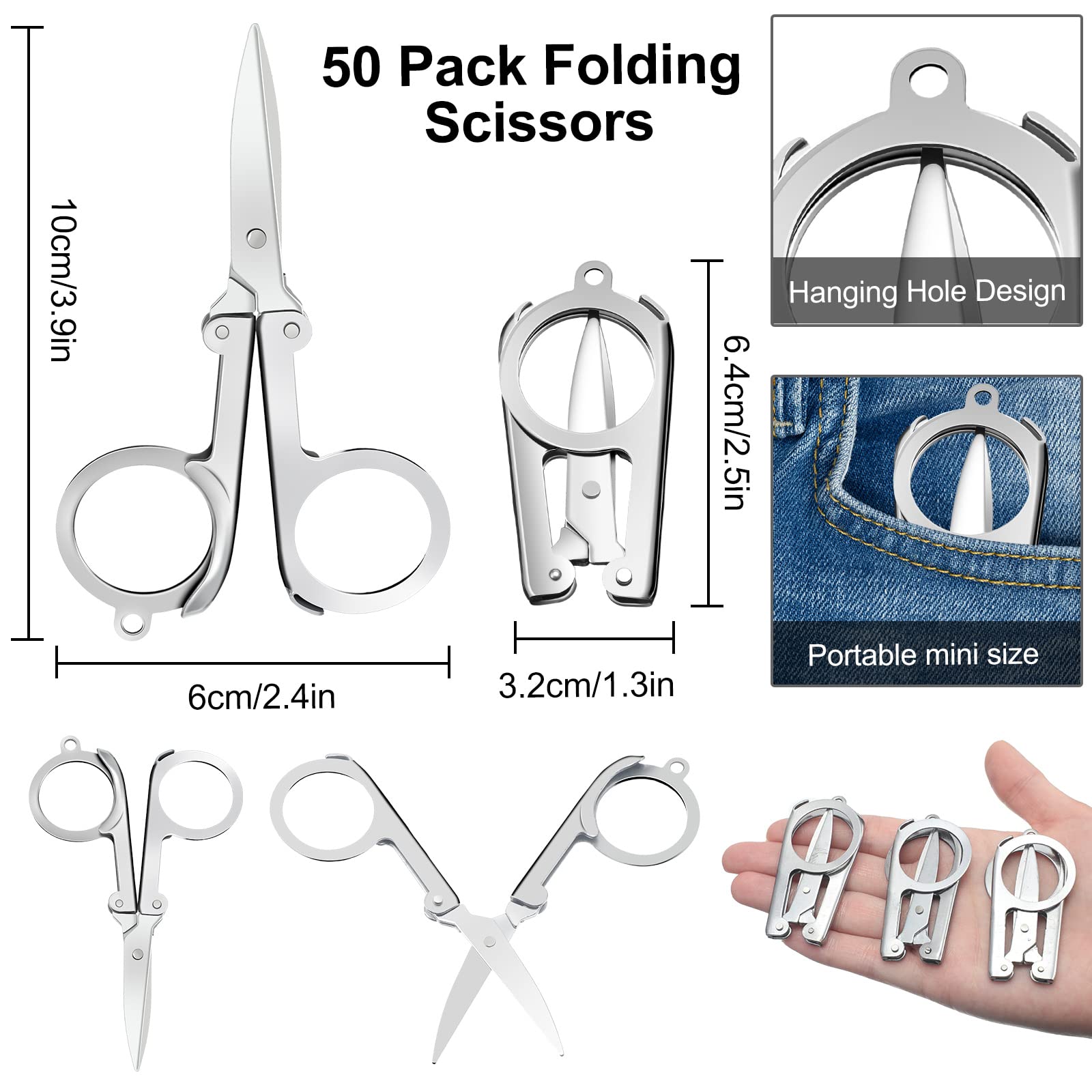 Therwen 50 Pcs Small Scissors Stainless Steel Folding Scissors Small Pocket Portable Mini Scissors Bulk DIY Craft Cutter for Home Travel Sewing Office School Trip Camping Art Paper Cutting