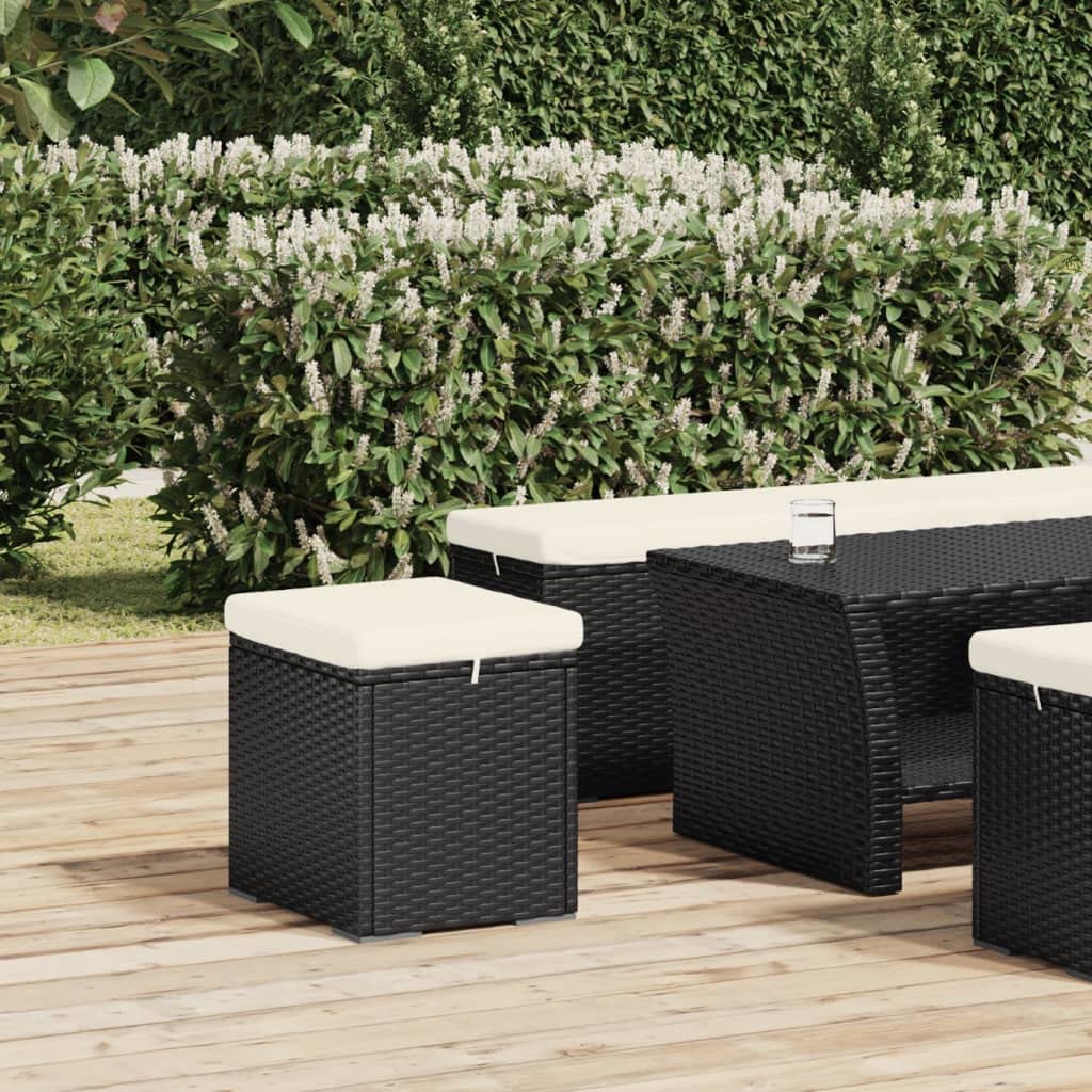 vidaXL Ottomans Set with Cushions - Black Poly Rattan Weather Resistant Outdoor Seating with Powder-Coated Metal Frame and Removable Cushions