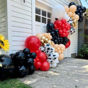 157Pcs First Rodeo Balloon Garland Arch Kit - First Rodeo Party Decorations Backdrop with Black Red Khaki Cow Printed Balloon for CowBoy Themed Party Baby Shower Farm Birthday Party Decorations