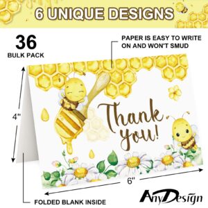 AnyDesign 36 Pack Honey Bee Thank You Cards Bulk Watercolor Bee Honeycomb Flower Thank You Note Cards with Envelopes Stickers for Summer Birthday Baby Shower Wedding Bridal Party Supplies