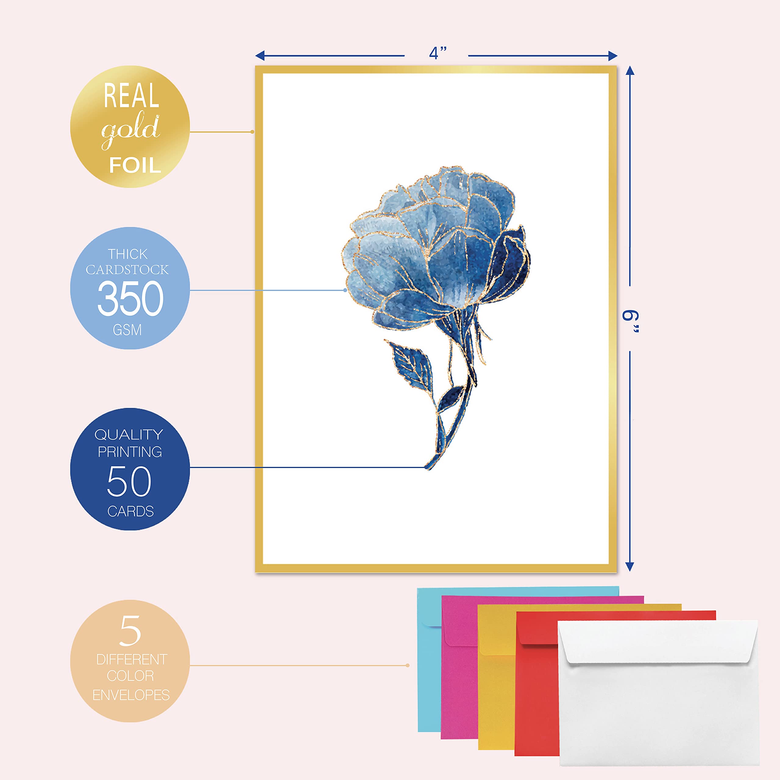 Racrico 50 Blank Note Cards and Envelopes,10 Gold Foil Designs Floral Blank Cards With Color Envelopes And Stickers, 4x6 Blank Note Greeting Cards Sets In Sturdy Bulk Box.