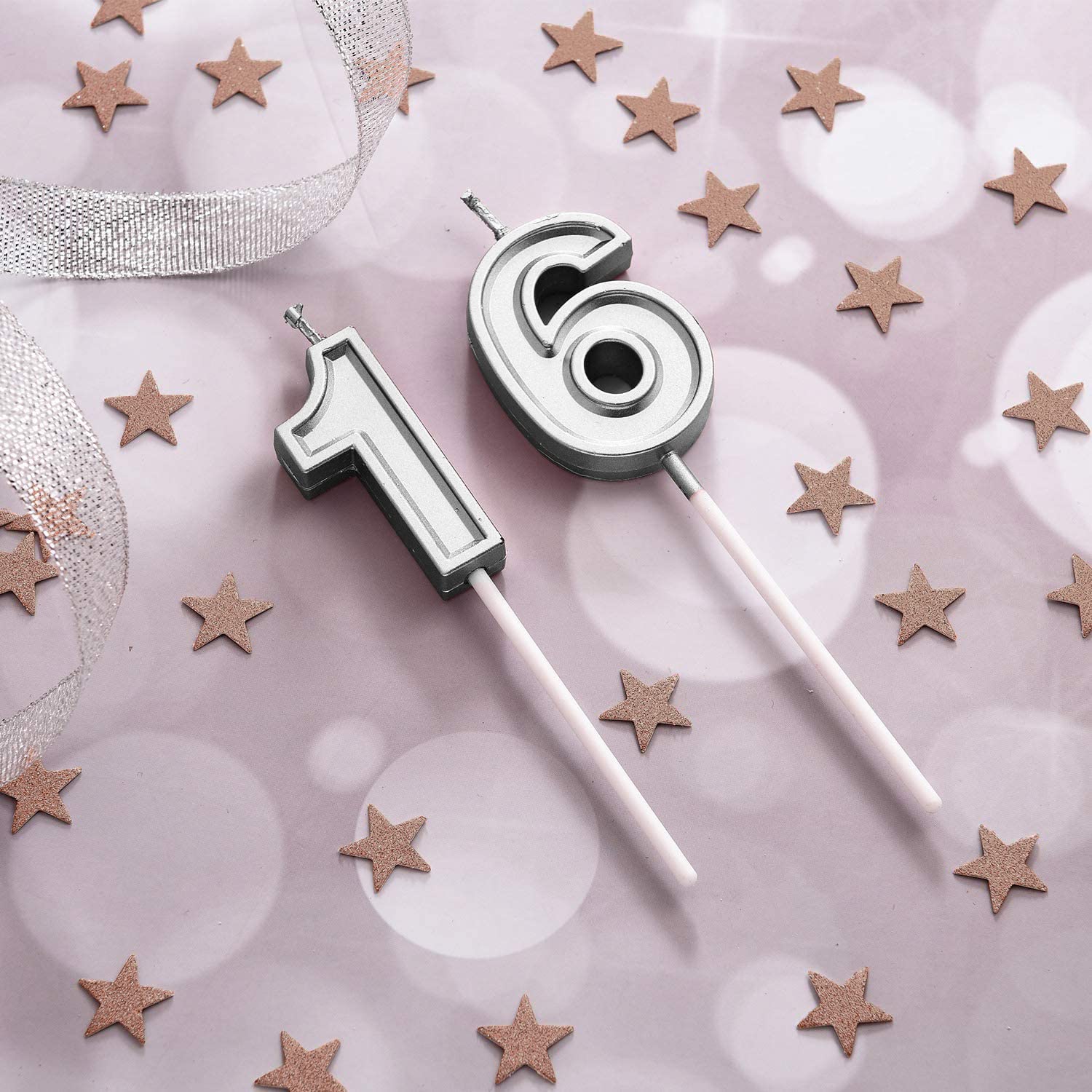 16th Birthday Cake Decorations Set Include 16th Birthday Candles Numeral 16 Cake Candles and Happy 16th Birthday Cake Toppers with Heart Star Cupcake Picks for Birthday Party (Black Series)