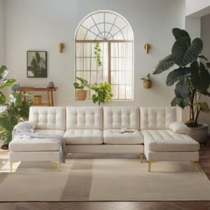 vingli 110" modern u shaped sectional sofa couch with 51" d double chaise for living room, large tufted button couch sets with 5.9" thickness seating padding for small spaces (beige,tufted button)