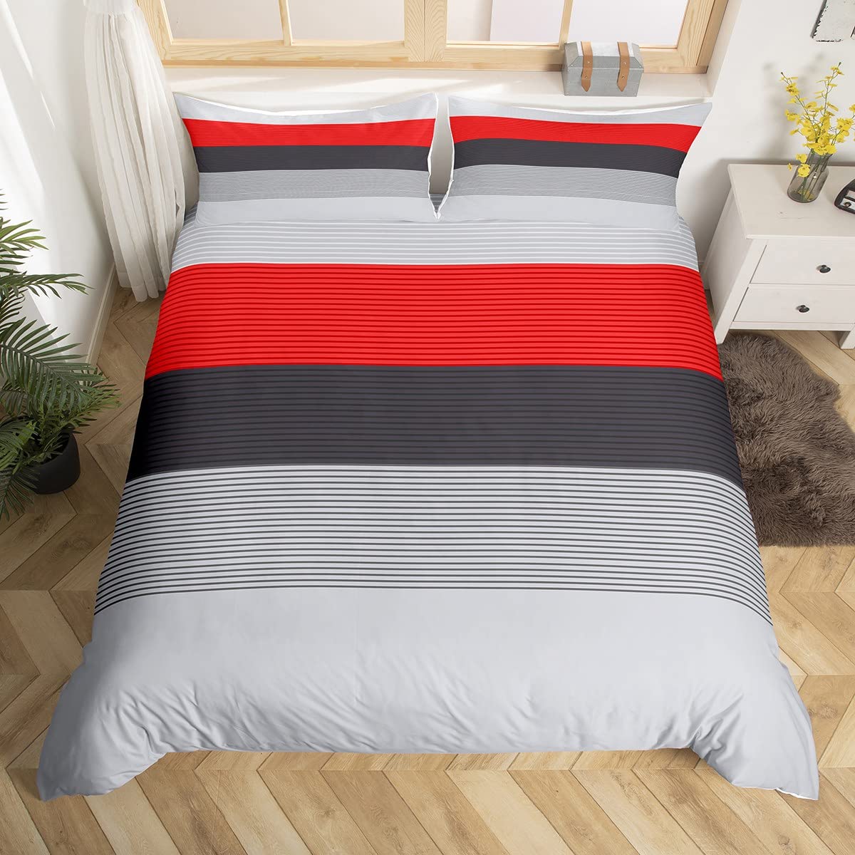 Erosebridal Stripes Duvet Cover for Women, Gray and Black Red Patchwork Striped Comforter Cover,Modern Abstract Art Bedding Set Ombre Bright Gray Stripes Quilt Cover Farmhouse Decorations,Queen Size