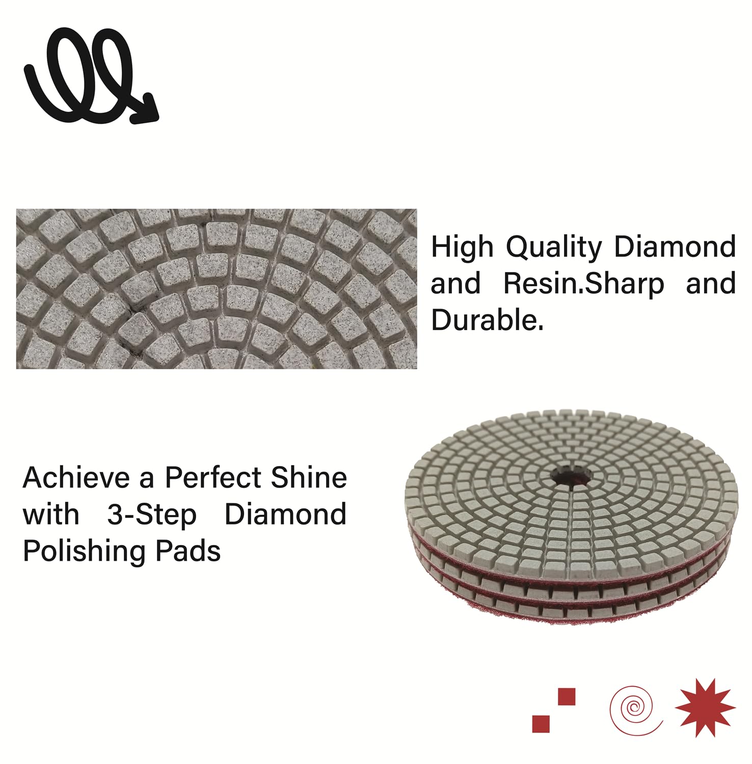 ComeFloor 4 Inch Wet/Dry 3 Step Diamond Polishing Pads for Granite Marble Concrete Hook and Loop Stone Polishing Pads Step-2 Bundle（3 PCS）