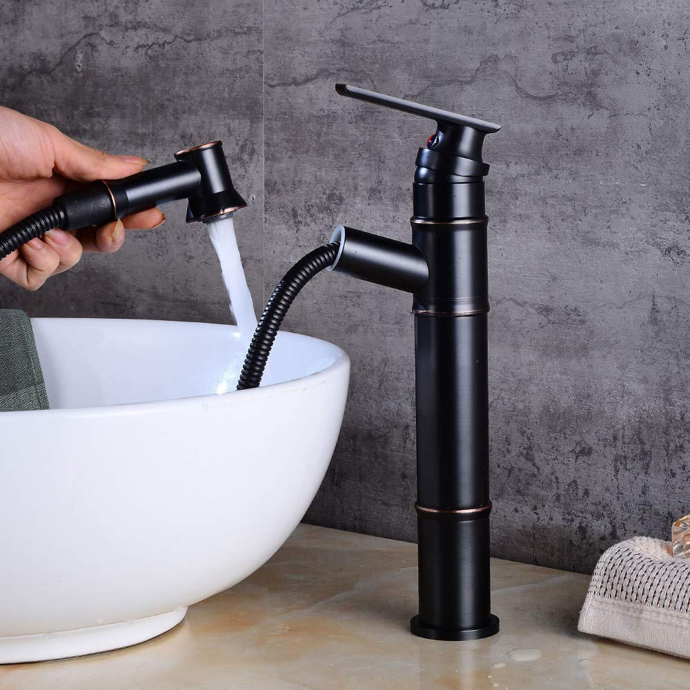 Black Bronze Belt Pull Out Shower Faucet Bath Sink Faucet Basin with High Wash Basin Cold Water Mixer Faucet Single Handle Single-Connected Belt Aerator