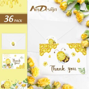 AnyDesign 36 Pack Honey Bee Thank You Cards Bulk Watercolor Bee Honeycomb Flower Thank You Note Cards with Envelopes Stickers for Summer Birthday Baby Shower Wedding Bridal Party Supplies