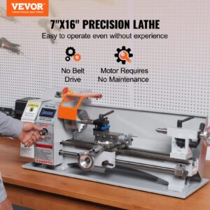 VEVOR Mini Metal Lathe Machine, 7'' x 16'', 800W Precision Benchtop Power Metal Lathe, 150-2500 RPM Continuously Variable Speed, with 3.9'' 3-jaw Metal Chuck Tool Box for Processing Precision Parts