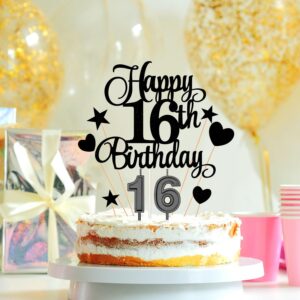 16th Birthday Cake Decorations Set Include 16th Birthday Candles Numeral 16 Cake Candles and Happy 16th Birthday Cake Toppers with Heart Star Cupcake Picks for Birthday Party (Black Series)