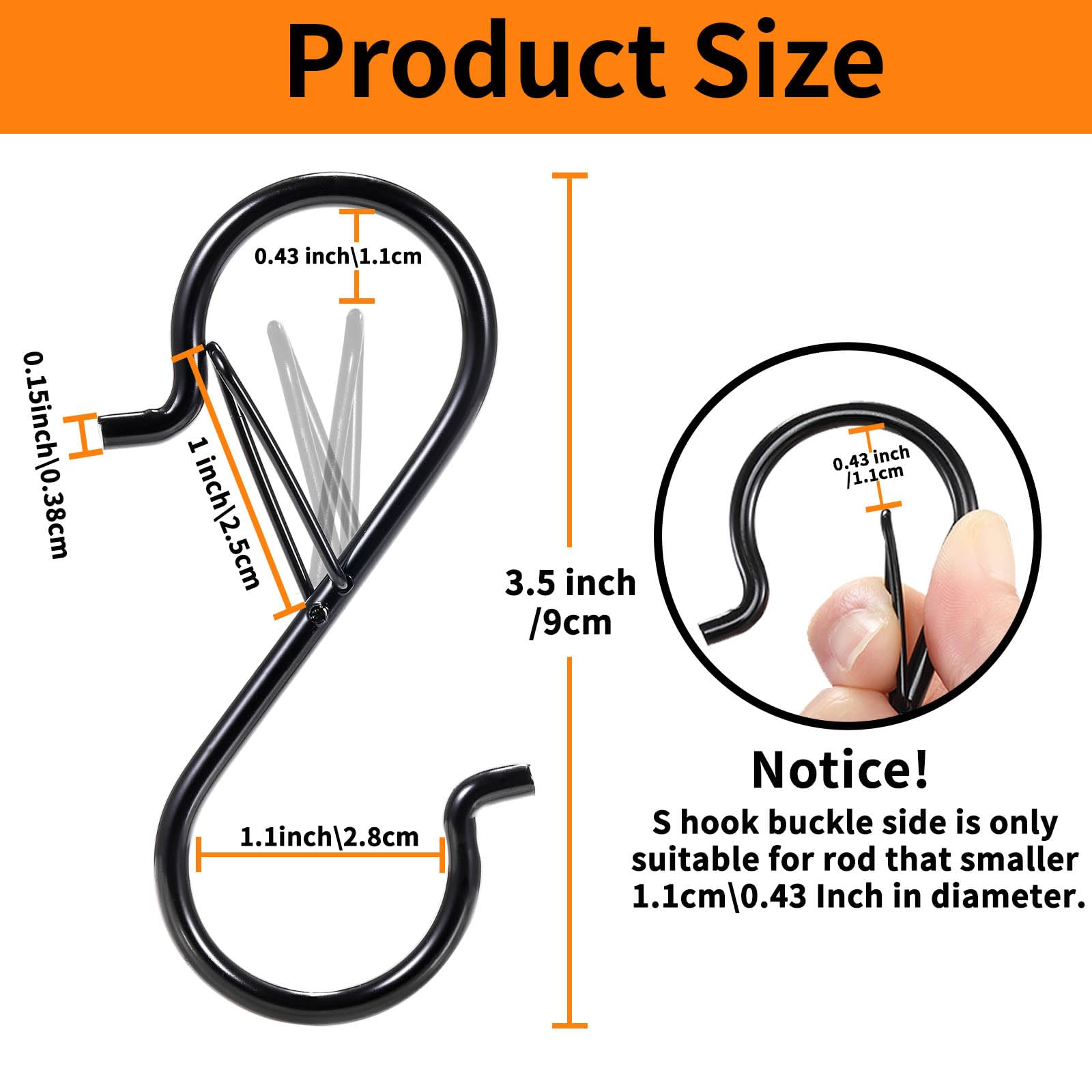 12 PCS S Hooks for Hanging with Safety Buckle, 3.5 inch Heavy Duty Metal S Shaped Hooks for Kitchen Utensil, Cups, Pots, Plants, Bags, Hats (Black)