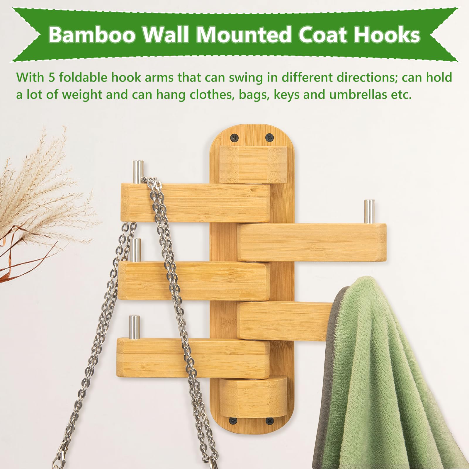 SPOPSOOD Coat Rack Wall Hooks, Wall Hooks Made of Pure Solid Bamboo, Robust, Beautiful & Personalized Wall Mounted Bathroom Towel Rack