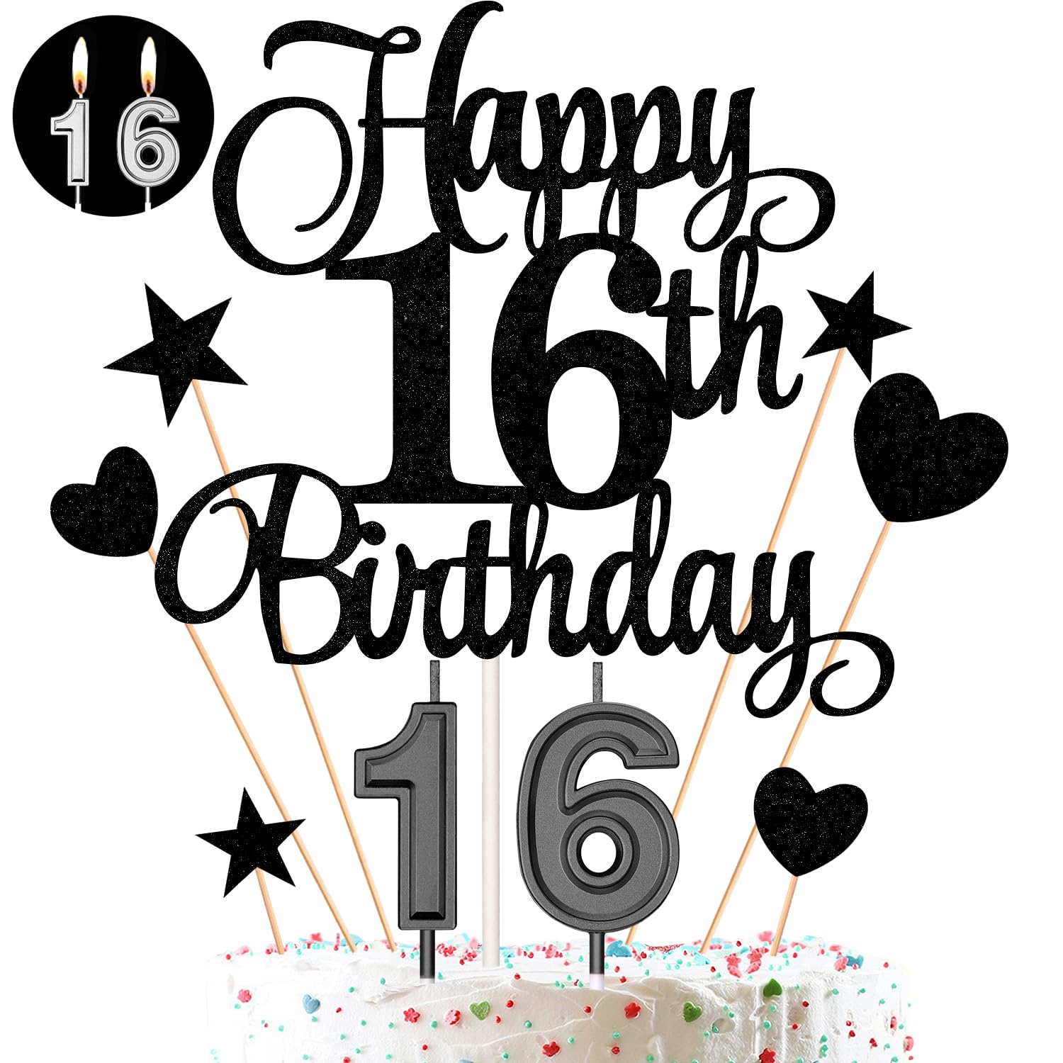 16th Birthday Cake Decorations Set Include 16th Birthday Candles Numeral 16 Cake Candles and Happy 16th Birthday Cake Toppers with Heart Star Cupcake Picks for Birthday Party (Black Series)