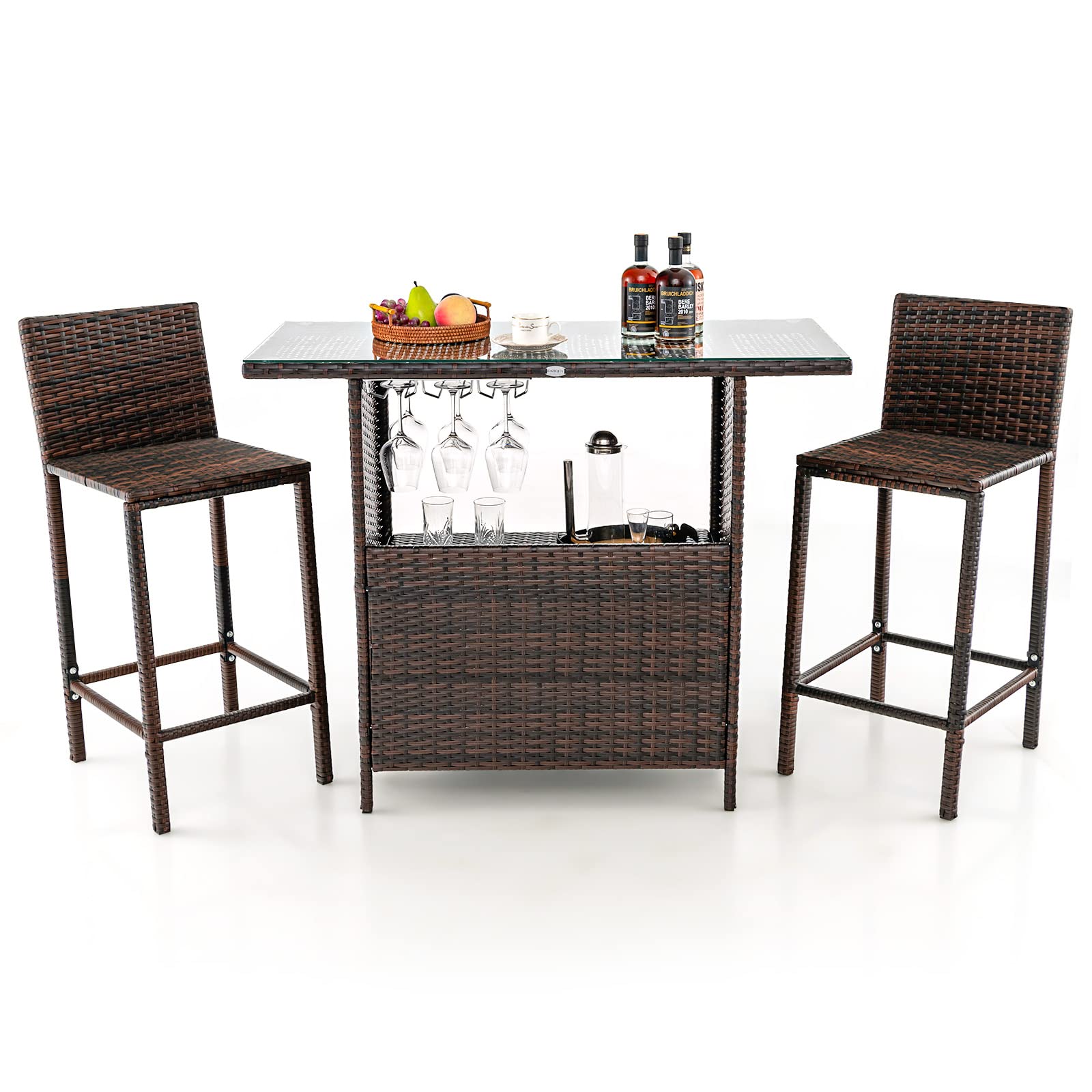 Tangkula Outdoor Bar Set, 3 Pieces Patio Wicker Bar Height Table and Chair Set with 3 Rows Stemware Racks, Hidden Storage Shelf, Tempered Glass Tabletop, 2 Stools for Backyard, Poolside (Mix Brown)