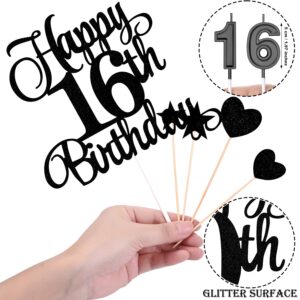 16th Birthday Cake Decorations Set Include 16th Birthday Candles Numeral 16 Cake Candles and Happy 16th Birthday Cake Toppers with Heart Star Cupcake Picks for Birthday Party (Black Series)