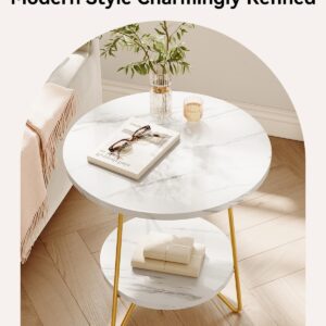 LITTLE TREE 2 Tier Faux Marble End Table Round Side Table with Shelves Small Coffee Accent Table for Living Room, White and Gold