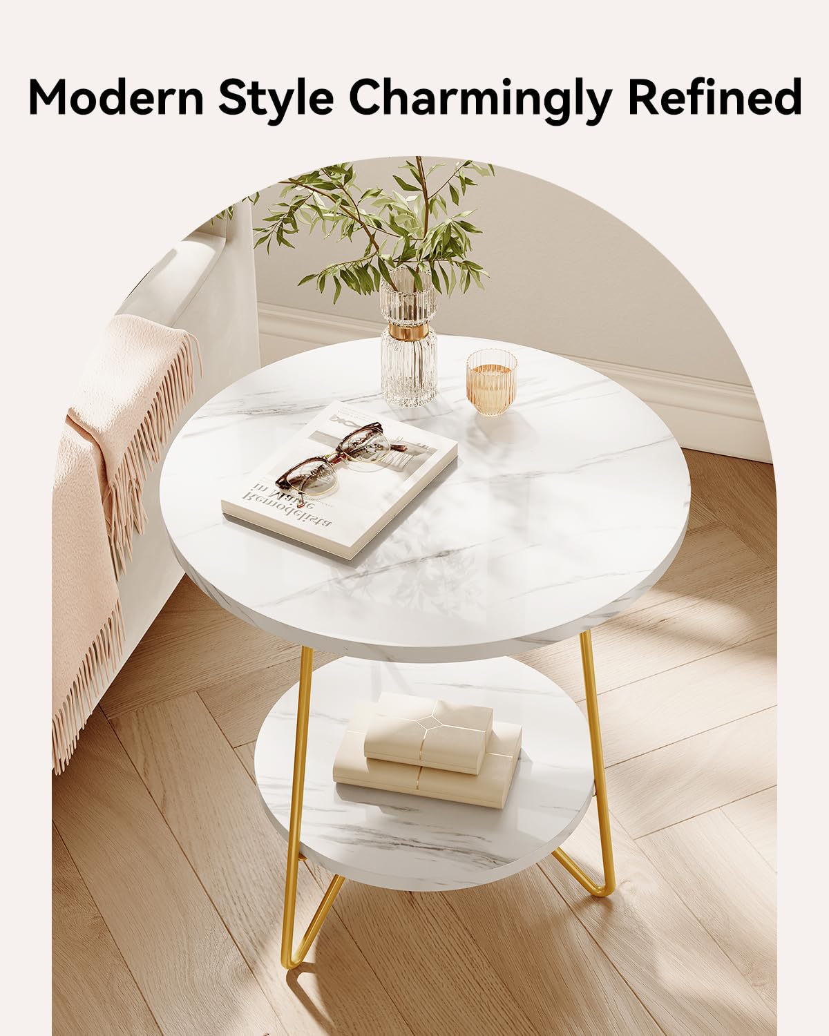 LITTLE TREE 2 Tier Faux Marble End Table Round Side Table with Shelves Small Coffee Accent Table for Living Room, White and Gold