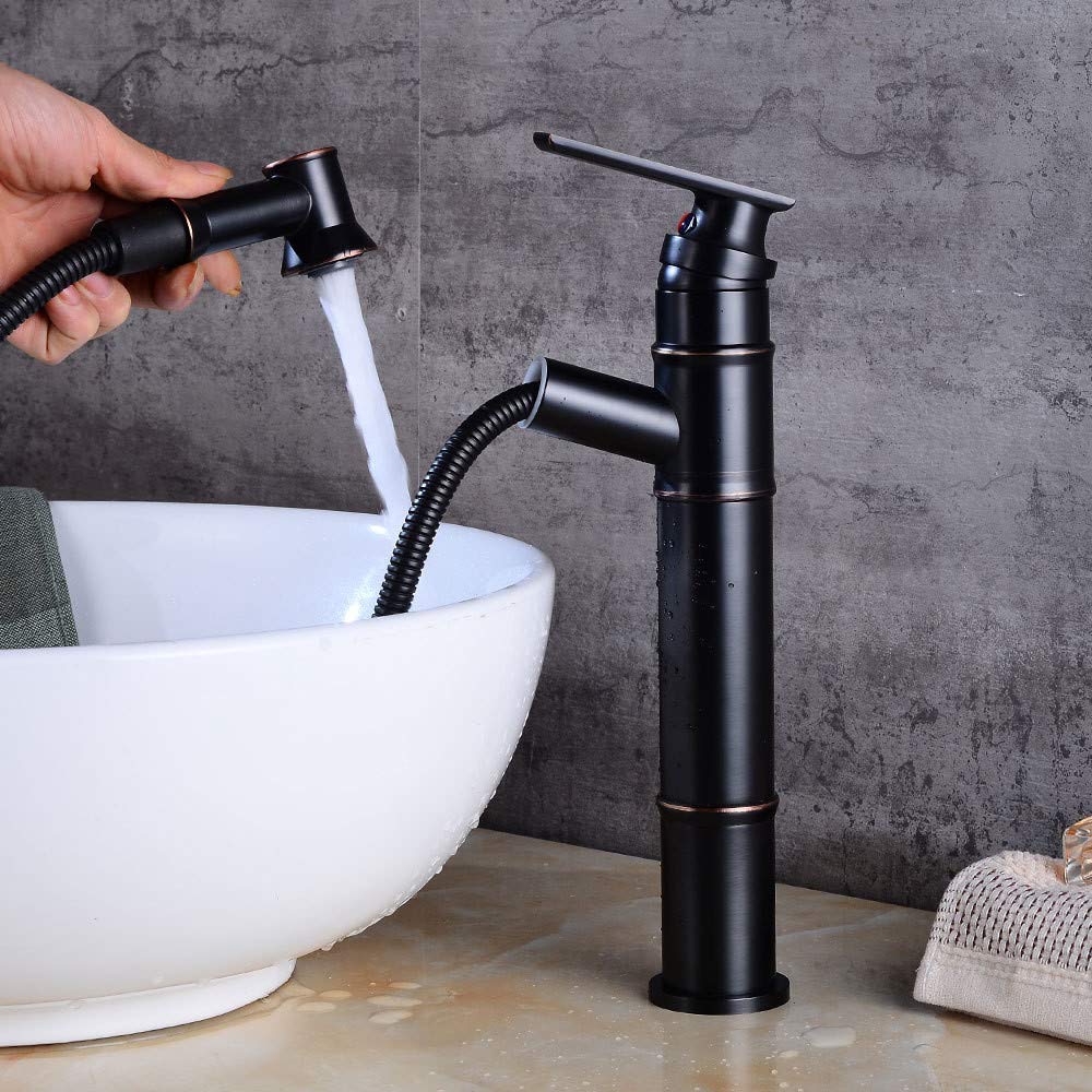 Black Bronze Belt Pull Out Shower Faucet Bath Sink Faucet Basin with High Wash Basin Cold Water Mixer Faucet Single Handle Single-Connected Belt Aerator