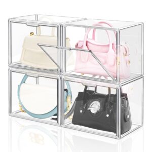 dilibra 4 packs clear plastic handbag storage organizer for closet, acrylic display box for handbag, stackable storage boxes bag organizer with magnetic door for small purse clutch wallet book toys