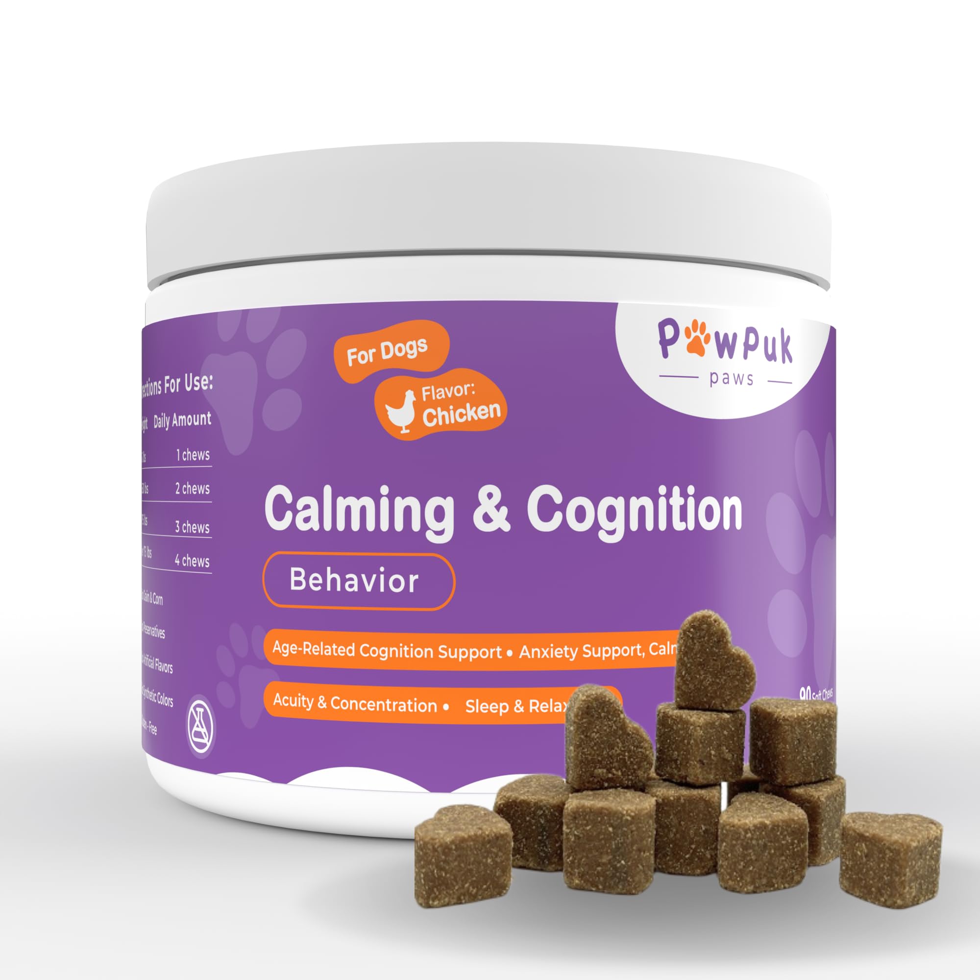 PawPuk Paws Calming & Cognition Supplement for Dogs, Melatonin SAM-E NMN & CoQ10 - Cognition Supp., Valerian Root Ashwagandha Gingo Biloba - Calming Natural Ingredients, Brain Function