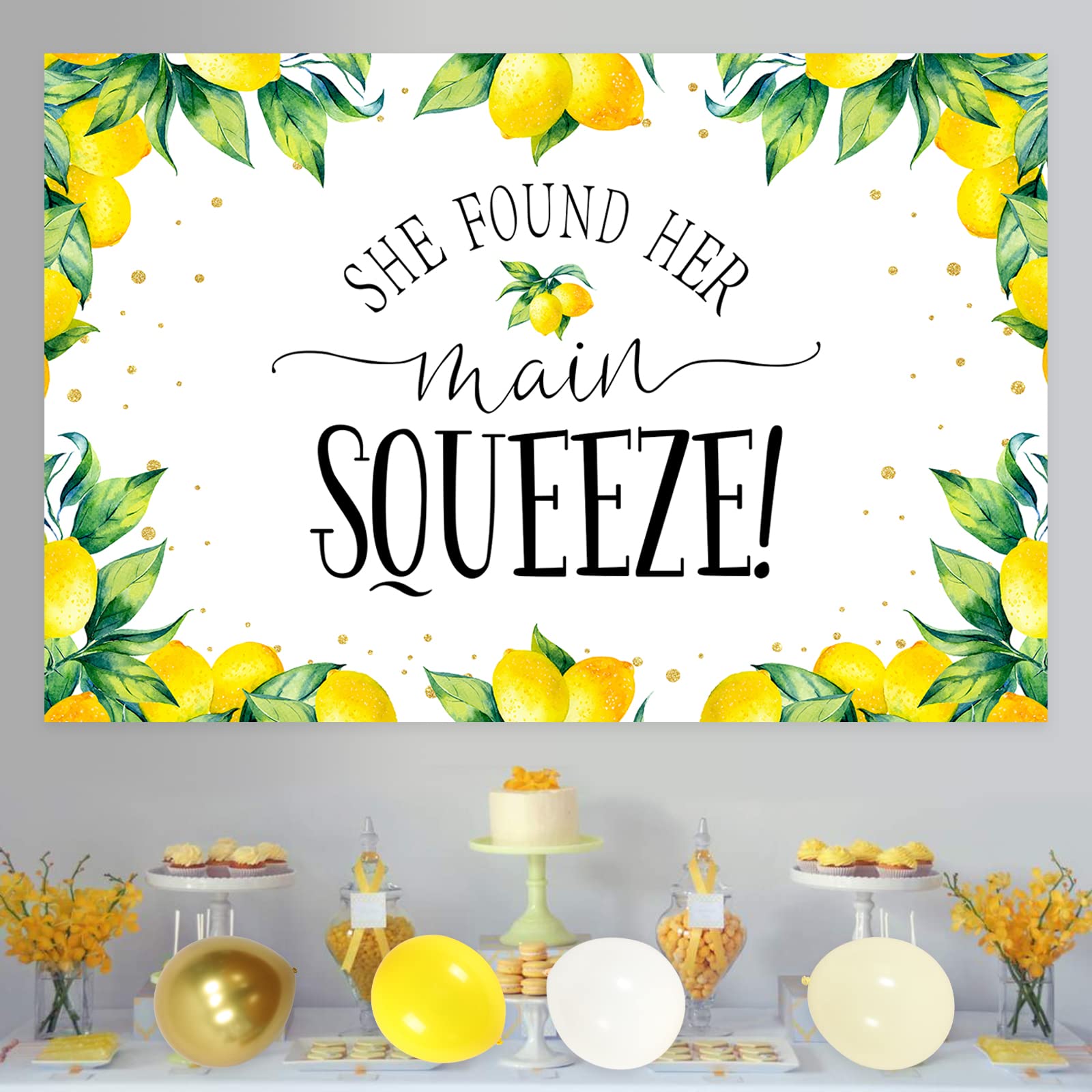 Lemon Bridal Shower Decorations, Yellow and White Balloons Garland Kit She Found Her Main Squeeze Backdrop Bride To Be Sash Artificial Tree Leaves for Lemon Wedding Engagement