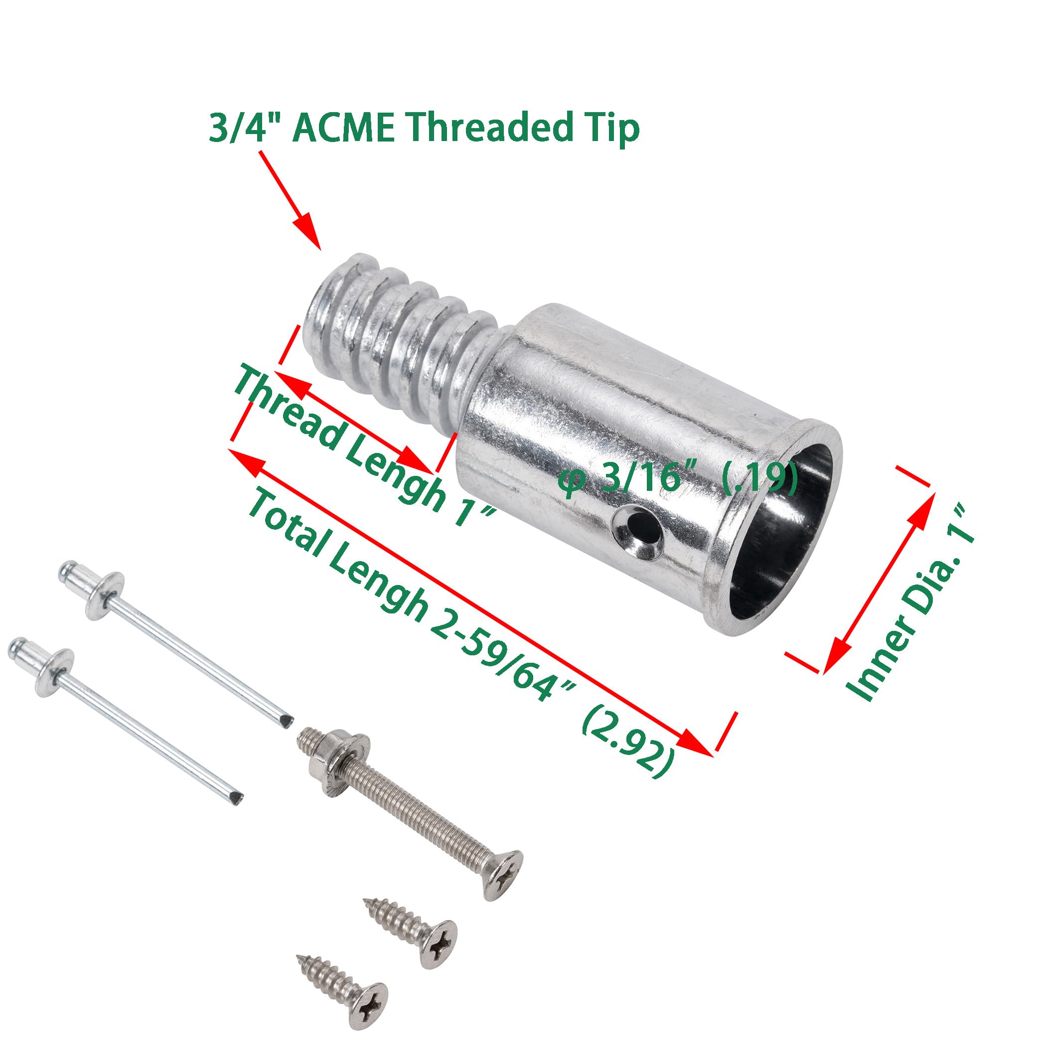 Threaded Tips Replacement for Extension Poles Repairing, Push Broom Handle Threaded End (1 in & 3/4 in)