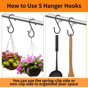 12 PCS S Hooks for Hanging with Safety Buckle, 3.5 inch Heavy Duty Metal S Shaped Hooks for Kitchen Utensil, Cups, Pots, Plants, Bags, Hats (Black)