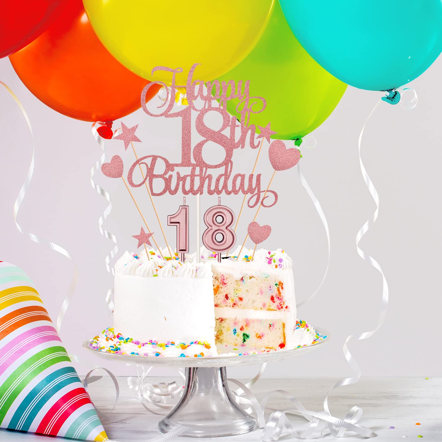 18th Birthday Cake Decorations Set Include 18th Birthday Candles Numeral 18 Cake Candles and Happy 18th Birthday Cake Toppers with Heart Star Cupcake Picks for Birthday Party (Rose Gold Series)