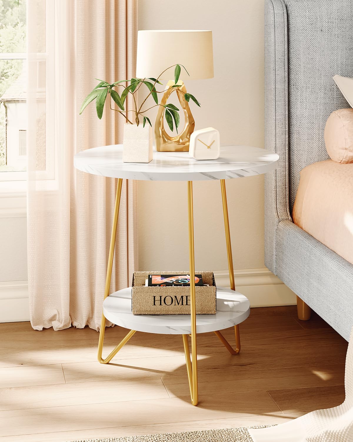 LITTLE TREE 2 Tier Faux Marble End Table Round Side Table with Shelves Small Coffee Accent Table for Living Room, White and Gold