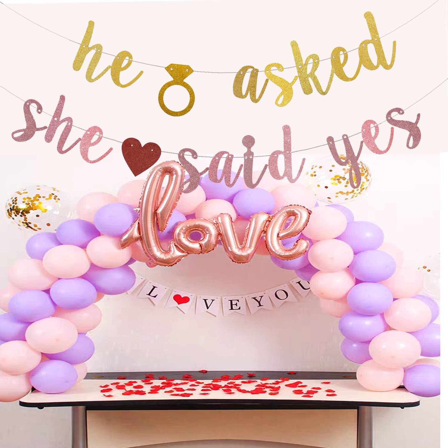 He Asked She Said Yes Banner, Gold Bride to Be Decorations,Gold Glitter Bunting Sign for Engagement Bridal Shower Wedding Party