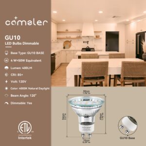 comzler GU10 LED Bulb Dimmable, 50W Halogen Equivalent GU10, 4000K Natural Daylight, GU10 Bulb Replacement for Track Lighting, MR16 GU10 Light Bulb LED 4W，120°Beam Angle 400LM 120V ETL Listed 6 Pack