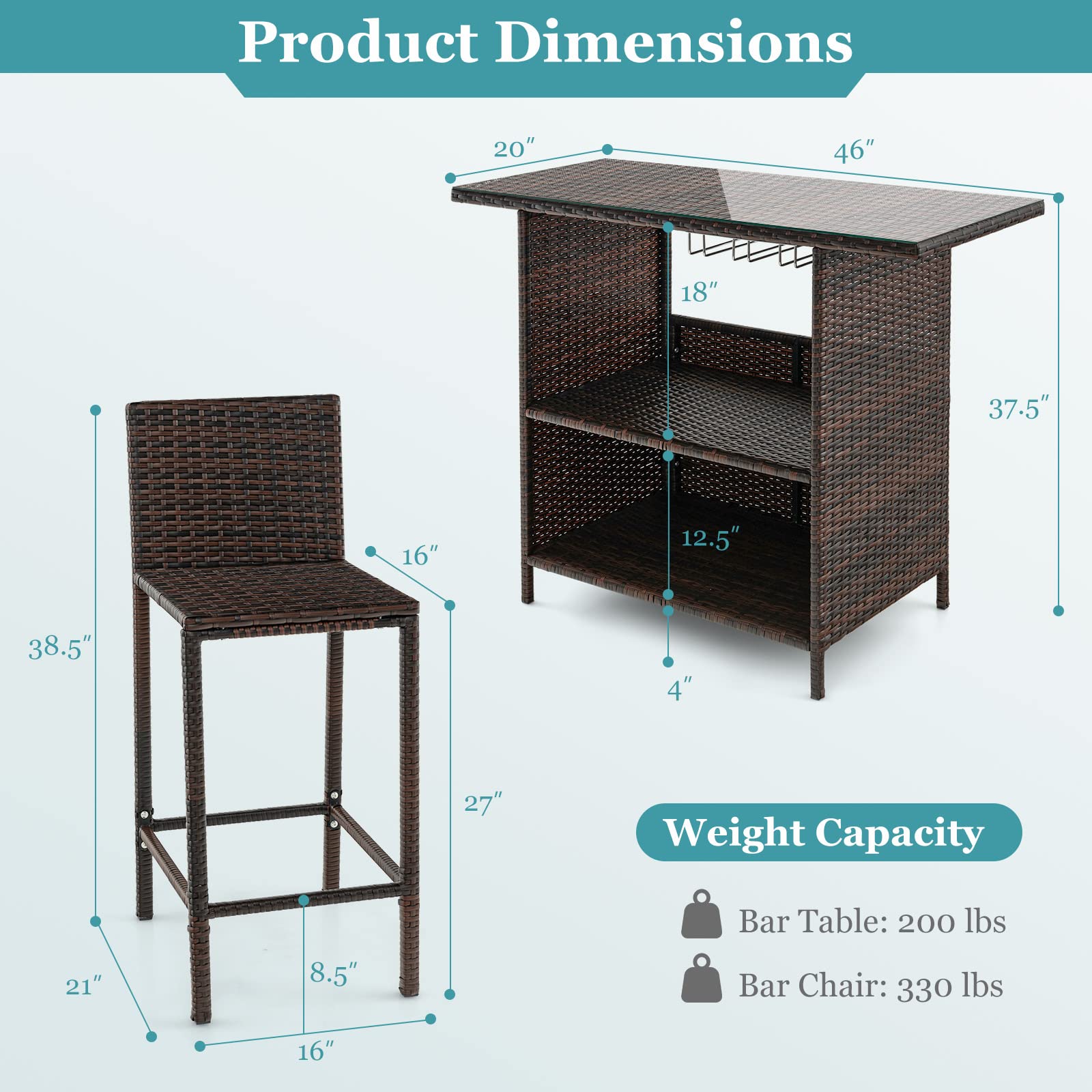 Tangkula Outdoor Bar Set, 3 Pieces Patio Wicker Bar Height Table and Chair Set with 3 Rows Stemware Racks, Hidden Storage Shelf, Tempered Glass Tabletop, 2 Stools for Backyard, Poolside (Mix Brown)