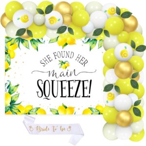 lemon bridal shower decorations, yellow and white balloons garland kit she found her main squeeze backdrop bride to be sash artificial tree leaves for lemon wedding engagement