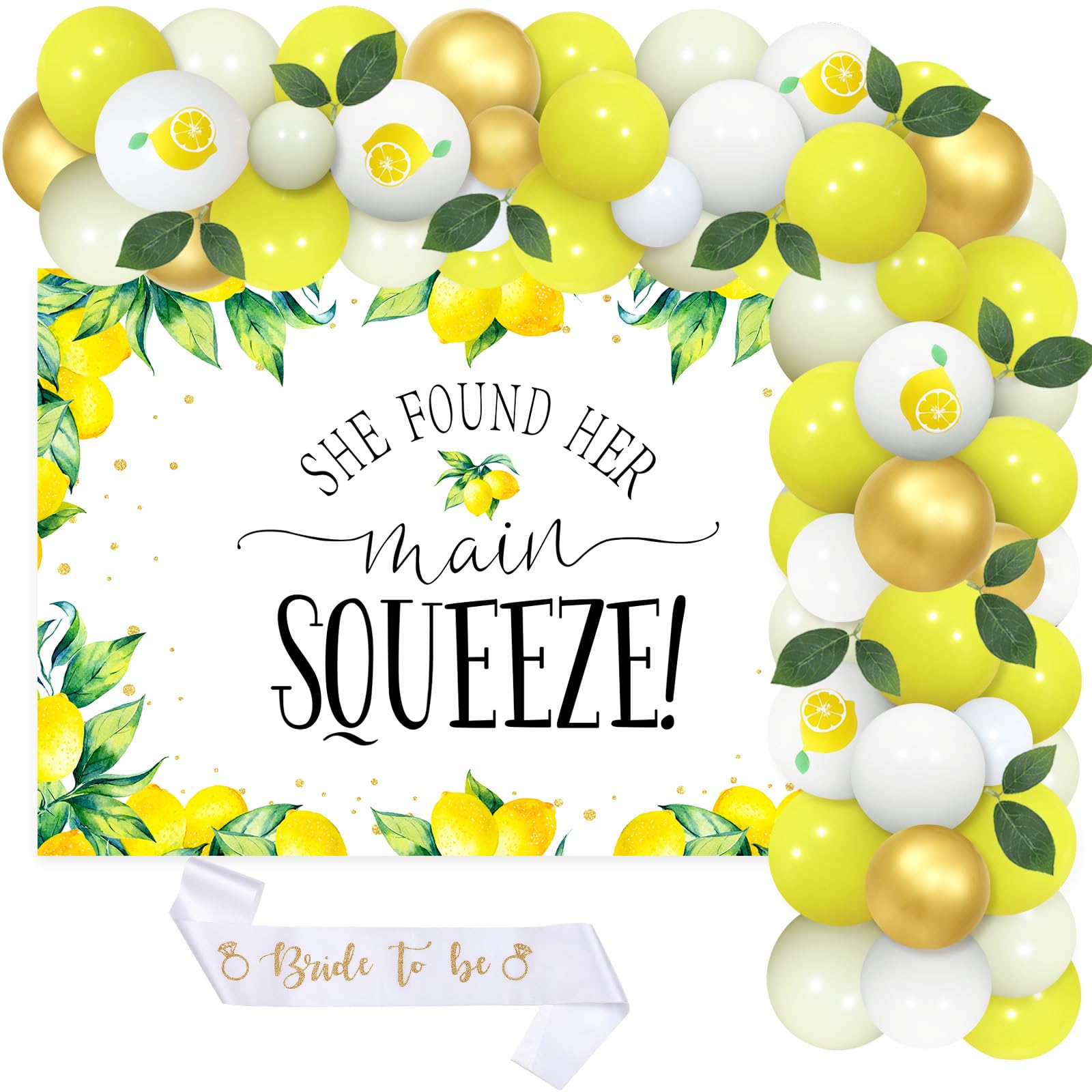 Lemon Bridal Shower Decorations, Yellow and White Balloons Garland Kit She Found Her Main Squeeze Backdrop Bride To Be Sash Artificial Tree Leaves for Lemon Wedding Engagement