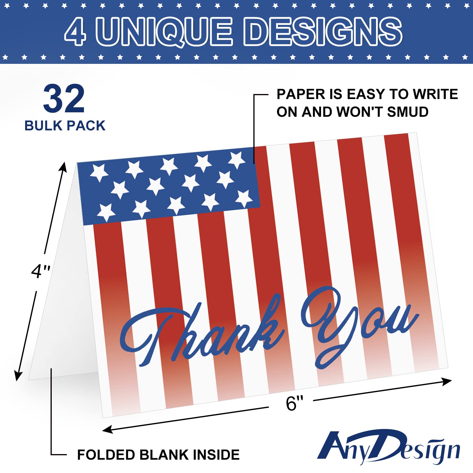 AnyDesign 32 Pack Patriotic Thank You Cards American Flag Stars Stripes Thank You Note Cards with Envelopes Stickers 4th of July Blank Greeting Cards for Independence Day Memorial Day Supplies