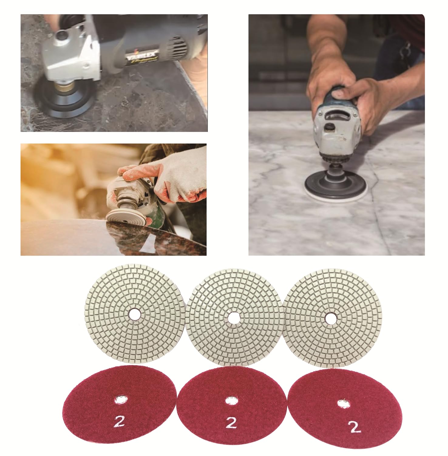 ComeFloor 4 Inch Wet/Dry 3 Step Diamond Polishing Pads for Granite Marble Concrete Hook and Loop Stone Polishing Pads Step-2 Bundle（3 PCS）