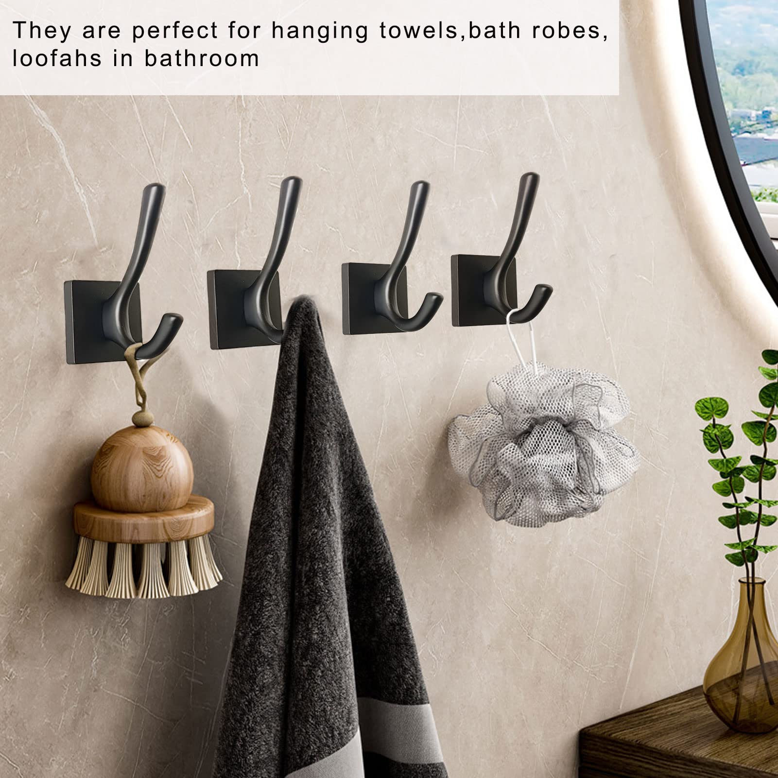 HOWMAX Black Towel Coat Hooks, Matte Black Towel Robe Hook for Bathroom Mudroom Hooks Heavy Duty Metal Coat Bacbpack Hooks for Bath Hallway Entry Way Kitchen Garage Hotel Wall Mounted (Black, 2)