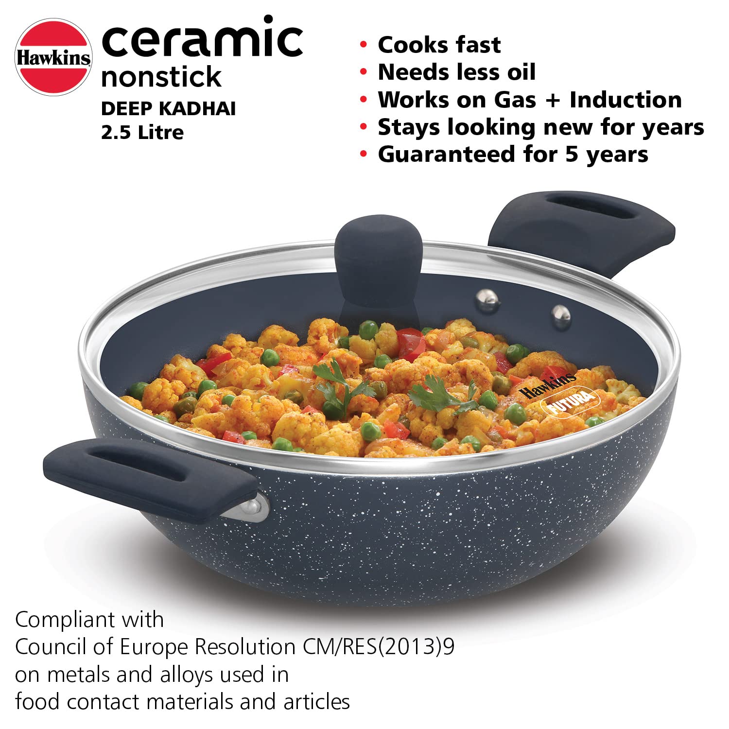 HAWKINS Ceramic Nonstick 2.5 Litre Deep Kadhai, Induction Deep Fry Pan with Glass Lid, Granite Kadai (ICK25G)